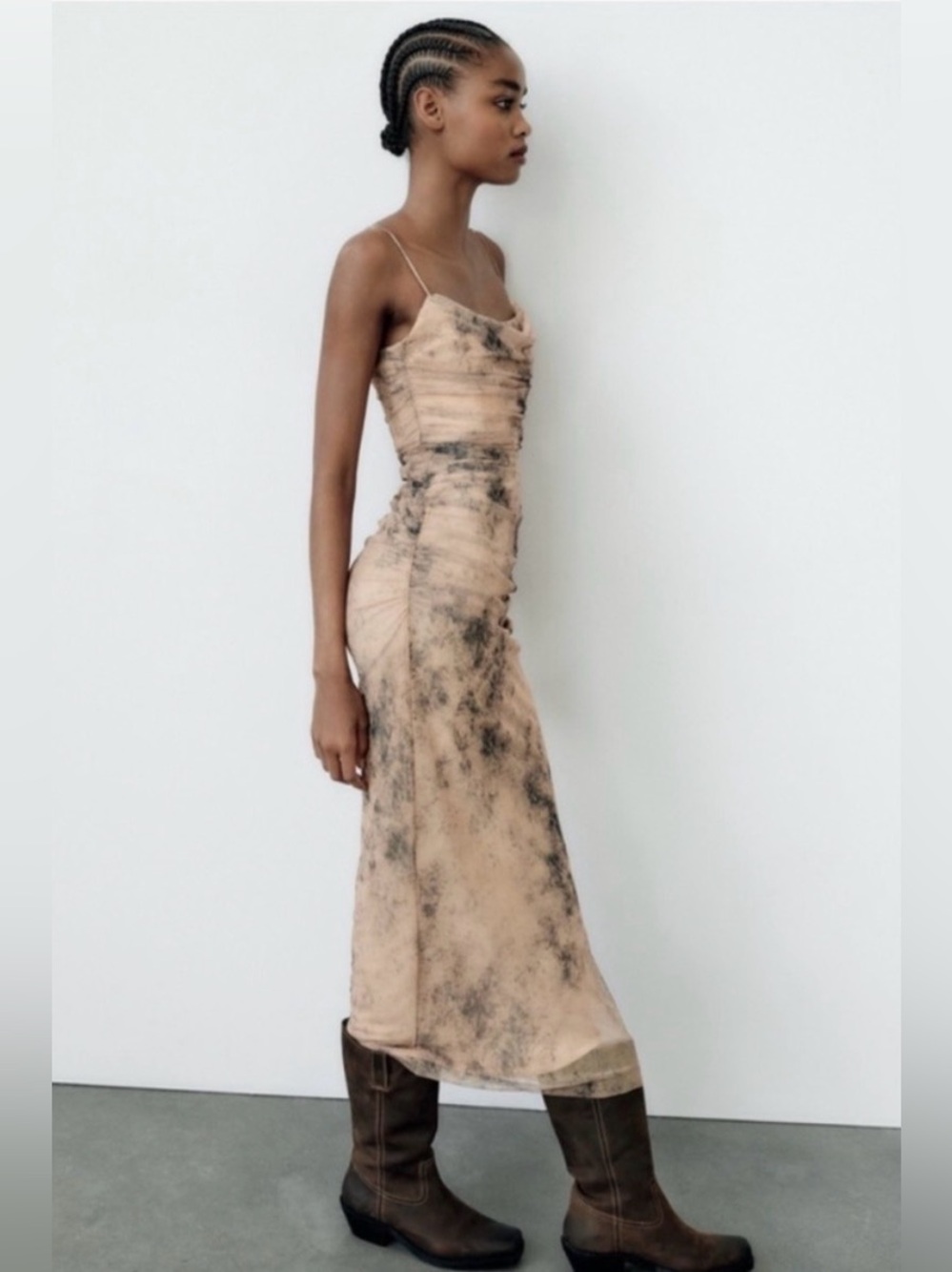 Zara Ruched Marble Print Midi Dress Neutral Bodycon Slip Dress | Size S - Picture 3 of 11